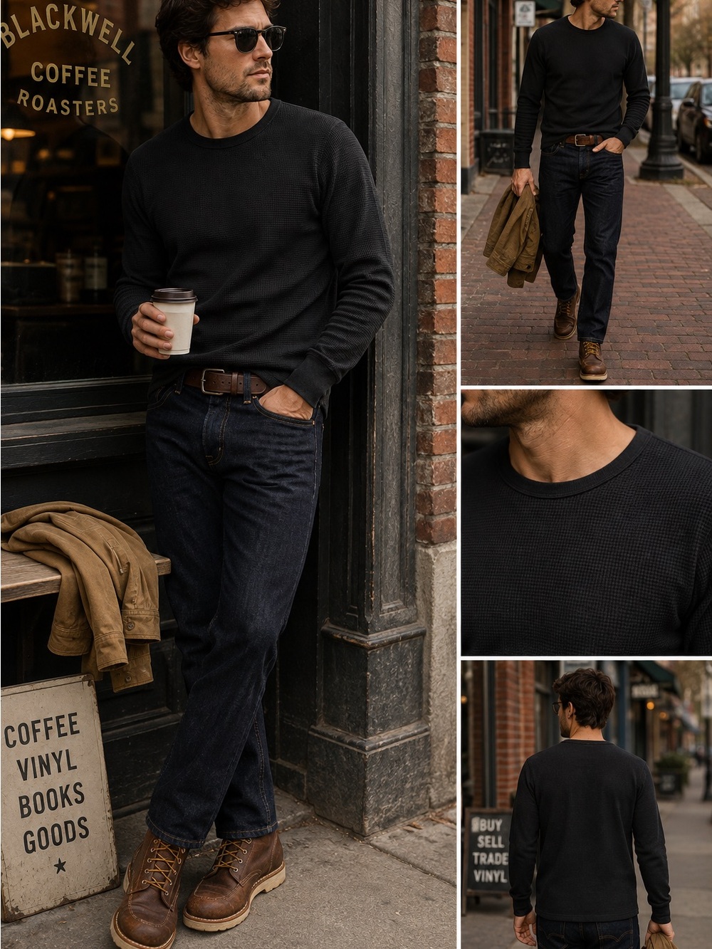 Retrofit Mens XL Black Waffle Knit Thermal Long Sleeve Shirt Cotton Blend